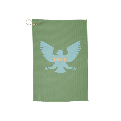 Stylish Fugitive Free Bird golf towel with eagle design, highly absorbent microfiber blend, green color, compact with gold grommet.