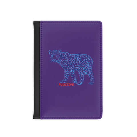 Stylish passport cover featuring a bold blue tiger design on purple, crafted from cruelty-free faux leather with RFID-blocking technology.