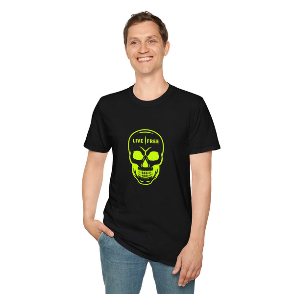 Neon Green Live Free Skull Unisex Softstyle T-Shirt - Edgy Graphic Tee