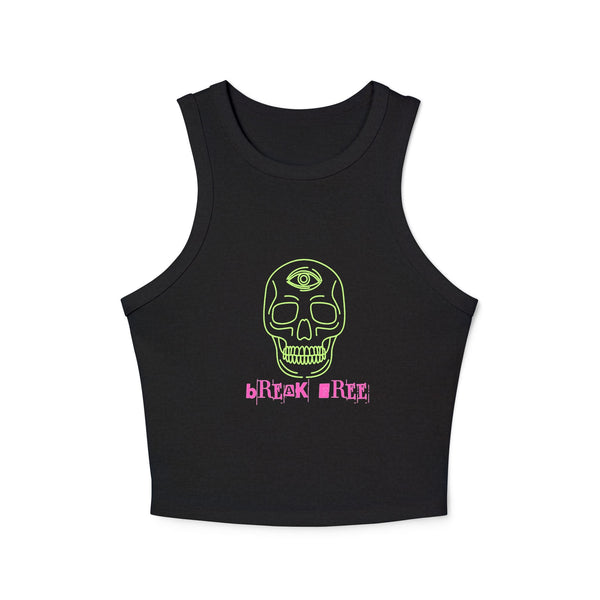 Edgy Women's Graphic Crop Tank Top with Break Free Skull design.