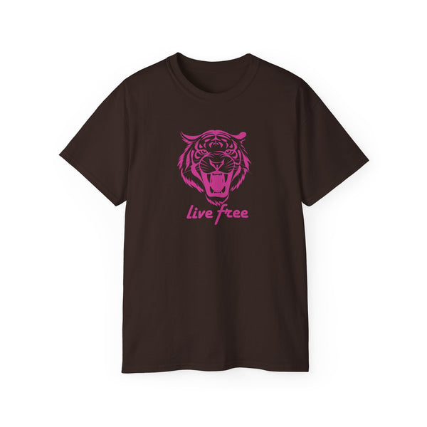 Fugitive Tees- Pink “Live Free” Jumbo Retro Roaring Tiger Head Graphic Tee