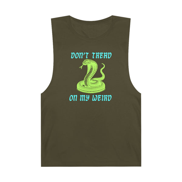 Unisex snake print tank with "Don't Tread on My Weird" design, casual summer wear.