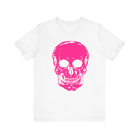 Unisex white tee with bold pink skull graphic, ideal for edgy fashion style.