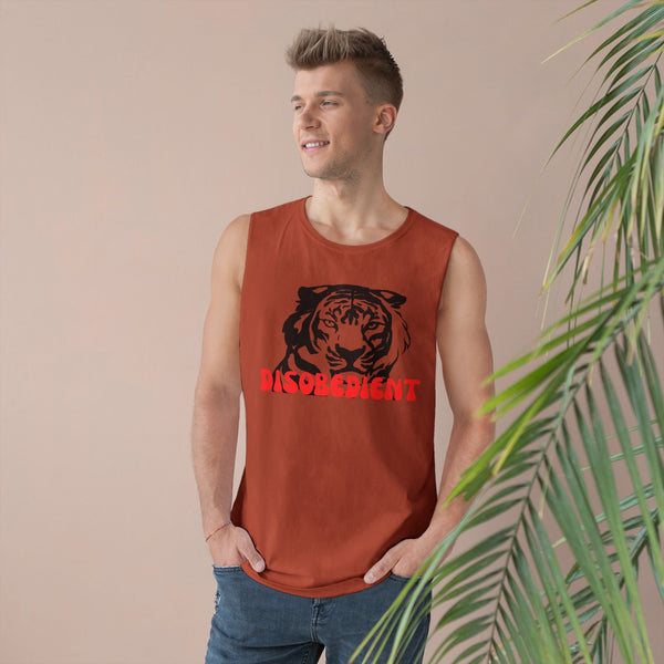 Unisex tank top with bold tiger graphic, showcasing the word "Disobedient"; ideal for casual style and comfort.