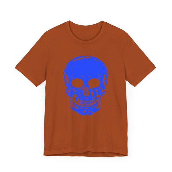 Neon Blue Skull Graphic Unisex Tee with 'Fugitive.' Text