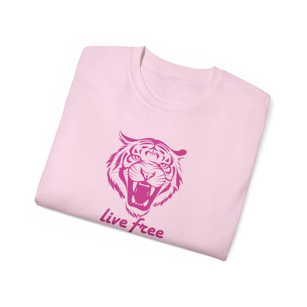 Fugitive Tees- Pink “Live Free” Jumbo Retro Roaring Tiger Head Graphic Tee