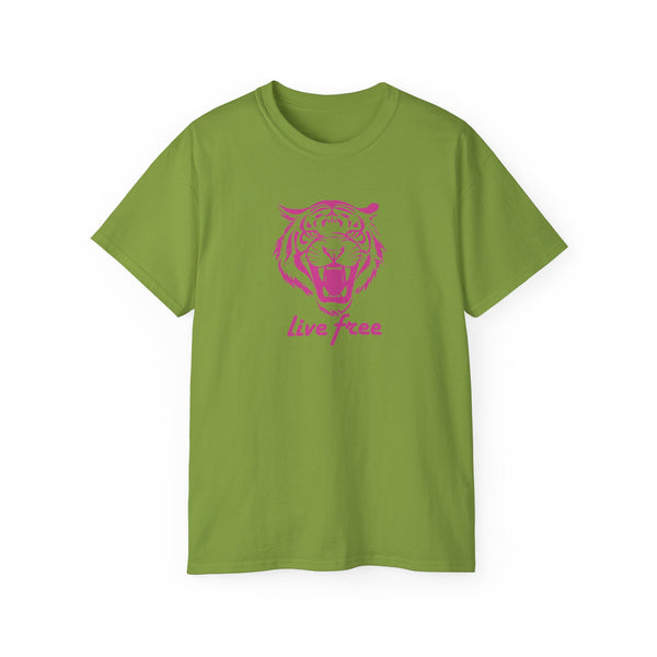 Fugitive Tees- Pink “Live Free” Jumbo Retro Roaring Tiger Head Graphic Tee