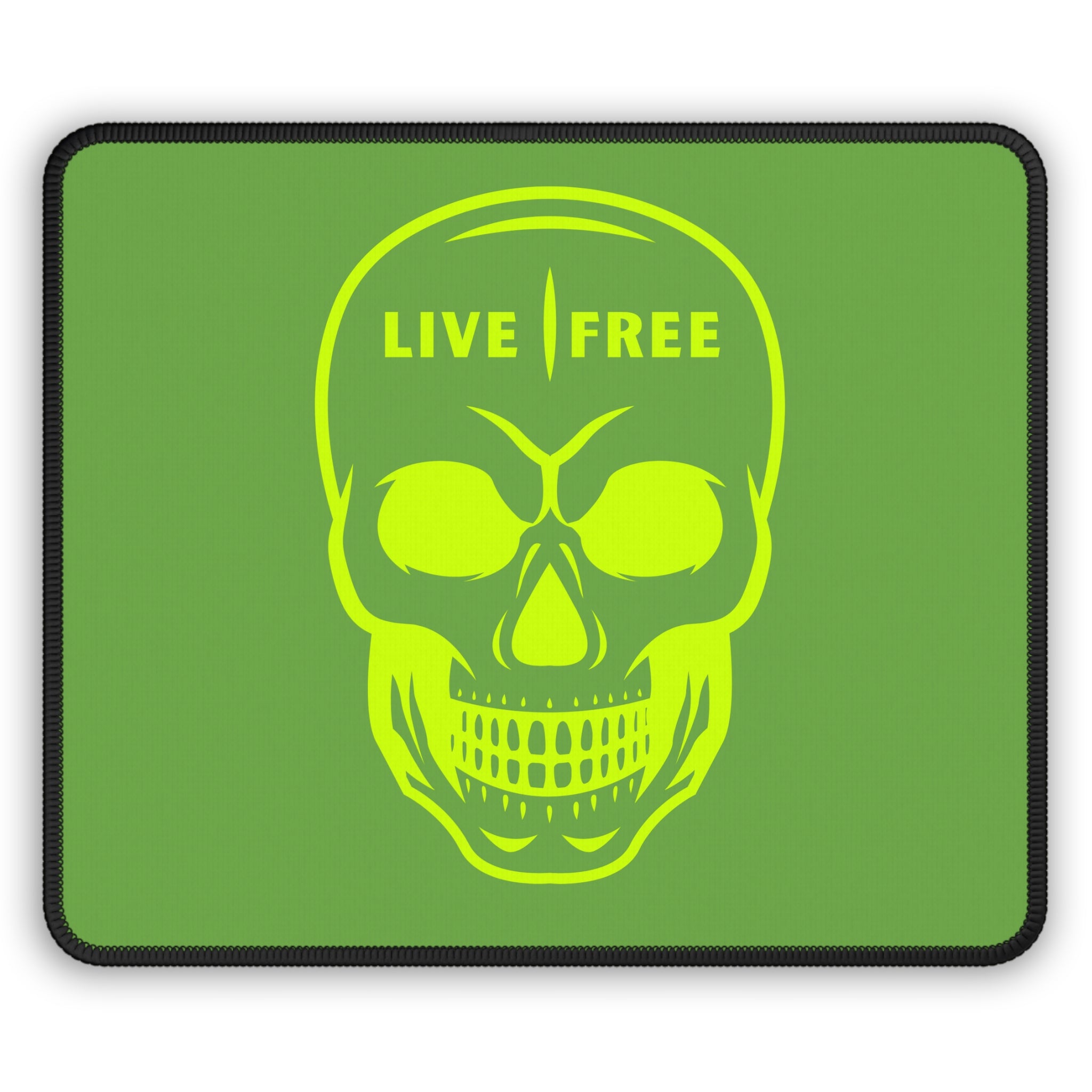 Live Free Skull Gaming Mouse Pad with bold neon green skull design on a smooth surface.