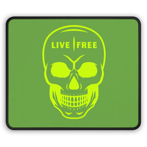 Live Free Skull Gaming Mouse Pad with bold neon green skull design on a smooth surface.
