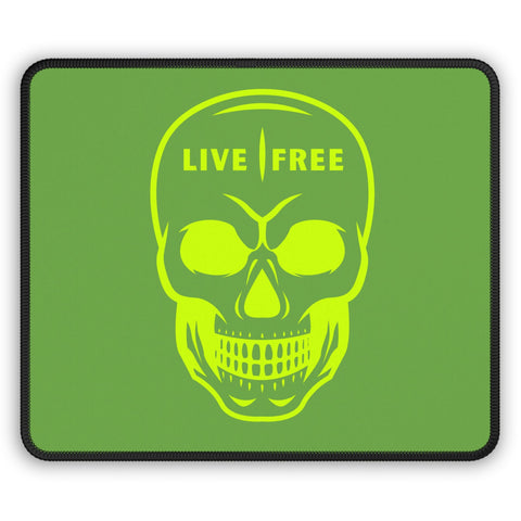 Live Free Skull Gaming Mouse Pad with bold neon green skull design on a smooth surface.