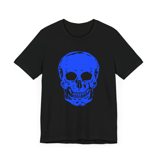 Neon Blue Skull Graphic Unisex Tee with 'Fugitive.' Text
