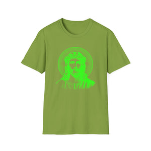 Unisex Softstyle T-Shirt featuring neon green halo Jesus graphic with 'Fugitive' text, bold design perfect for spiritual statements.