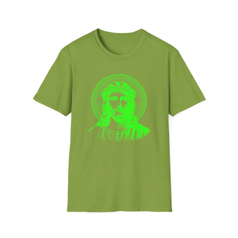 Unisex Softstyle T-Shirt featuring neon green halo Jesus graphic with 'Fugitive' text, bold design perfect for spiritual statements.