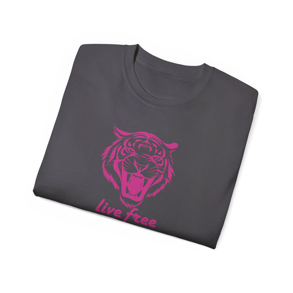 Fugitive Tees- Pink “Live Free” Jumbo Retro Roaring Tiger Head Graphic Tee