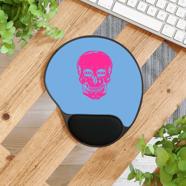 Neon Pink Skull Design Mouse Pad with Wrist Rest - Free Mind Inspired Ergonomic Office Accessory