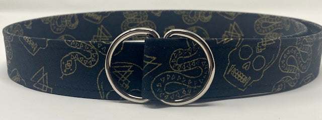 black d ring belt with gold snakes and skulls