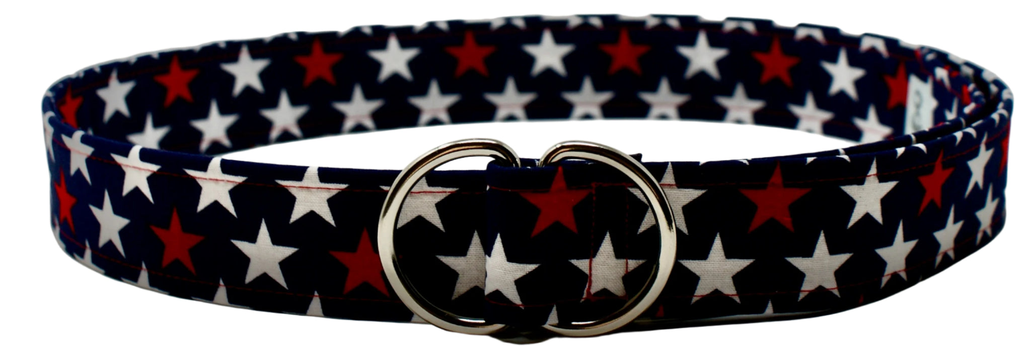 Navy Blue d ring belt with white and red star detail by oliver green