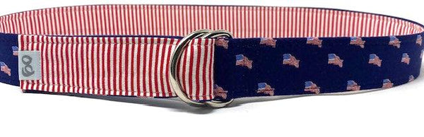 Blue American flag belt with contrasting red striped tail 