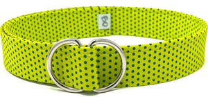 Neon Green d-ring belt with blue polka dots by oliver green