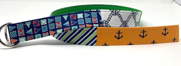 Anchors, nautical flags orange, green and blue patchwork d ring belt