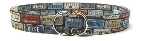 Retro D-ring belt with american license plates by oliver green