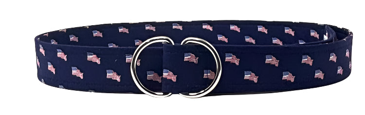 Navy cotton belt with American flag motifs and silver D‑ring buckle.