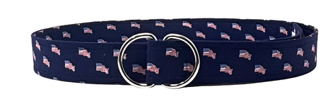 Navy cotton belt with American flag motifs and silver D‑ring buckle.