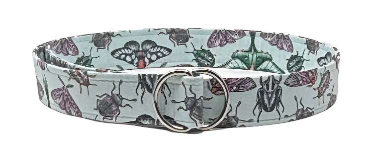 Aqua Moth Beetle D-Ring Belt with whimsical insect print on aqua background.