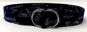 Black and white d ring belt with physics equations by oliver green