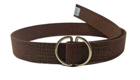 Brown faux crocodile cotton D-ring belt with brushed bronze detail by Oliver Green, 41¾ inches long, 1¼ inches wide.