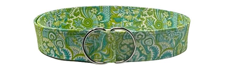 Seaside Paisley D-Ring Belt with green and blue paisley print and double-ring buckle.