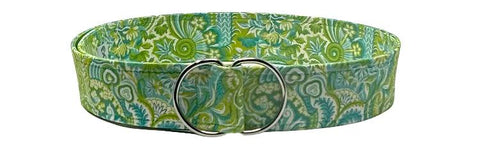 Seaside Paisley D-Ring Belt with green and blue paisley print and double-ring buckle.