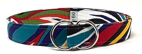 Multi-Color Zebra Dring belt with vibrant stripes and silver buckle, 42 inches long.