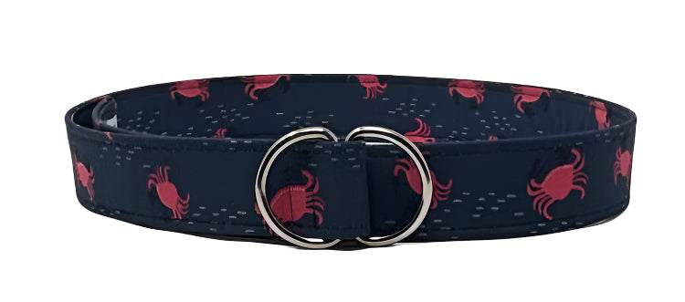 Navy blue crab D-ring belt with red crab pattern and double D-ring closure.