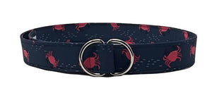 Navy blue crab D-ring belt with red crab pattern and double D-ring closure.