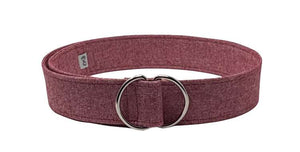 Red cotton slub D-ring belt with adjustable buckle and textured design.