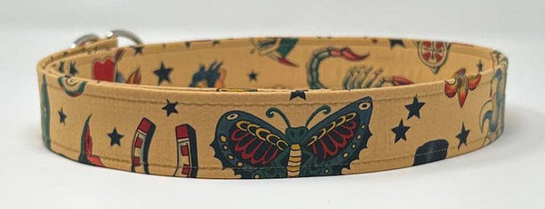 Tattoo designs featured on this tea-colored fabric belt 