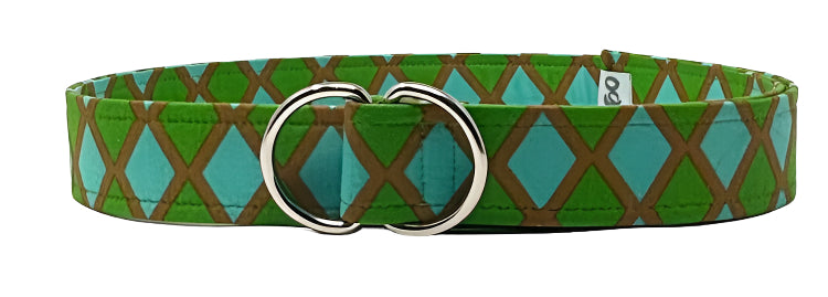 vibrant green and turquoise geometric d-ring belt by oliver green