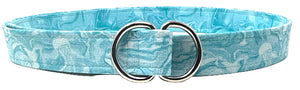 Aqua Swirl Tonal D-Ring fabric belt by Oliver Green with turquoise swirl pattern and double D-ring buckle.