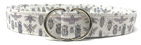 white d ring belt with lilac and grey beetles by oliver green