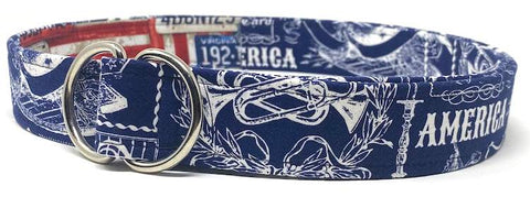 America d-ring navy blue belt with white design