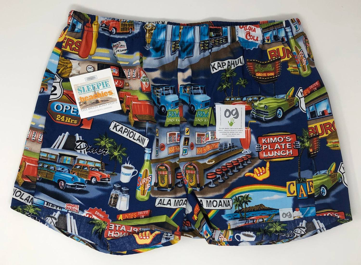 Retro, Hawaiian Americana Woody Surf cotton shorts for those hot summer days and nights! Wear them to lunch, brunch, to lounge around, and as a beach cover-up. PerfeBoxersOliver Green CT