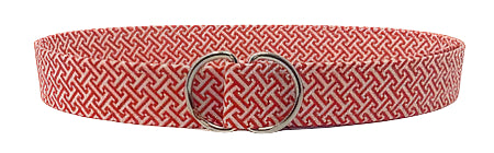 Cherry Red Greek Key D-ring belt with rich pattern on ivory background.