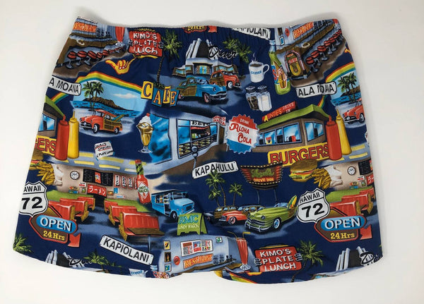 Retro, Hawaiian Americana Woody Surf cotton shorts for those hot summer days and nights! Wear them to lunch, brunch, to lounge around, and as a beach cover-up. PerfeBoxersOliver Green CT