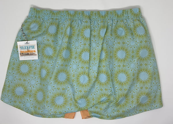 Soft Orange and Light Blue, earthy boxer shorts for women! These lightweight shorts are great for hot beach days, and summer days and night. Versatile prints make ouBoxersOliver Green